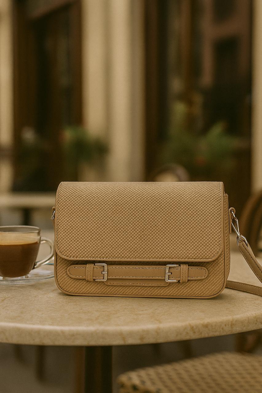 Camel Brown Textured Buckle Detail Crossbody Bag for Women