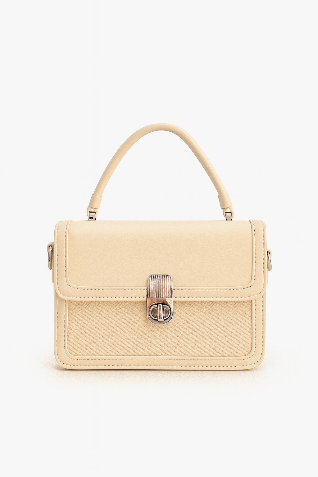 Cream Top-Handle Textured Handbag for Women – Elegant Faux Leather Shoulder Purse