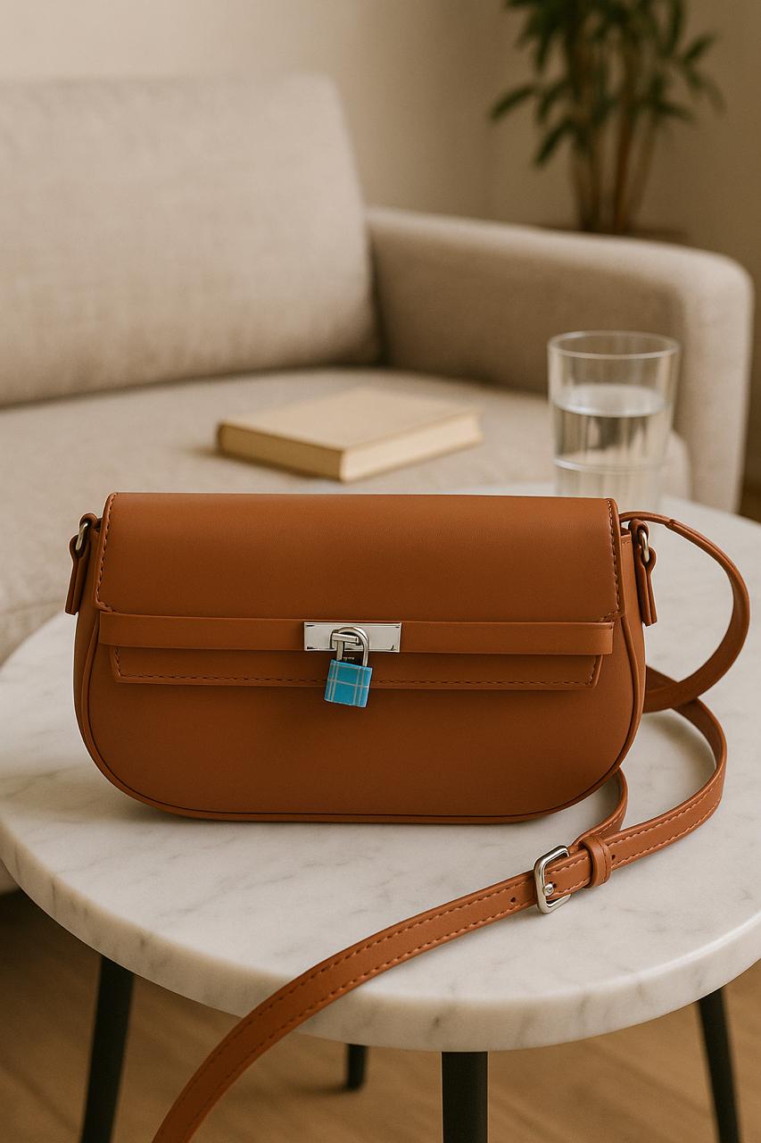 Caramel Brown Mini Crossbody Bag with Lock Detail