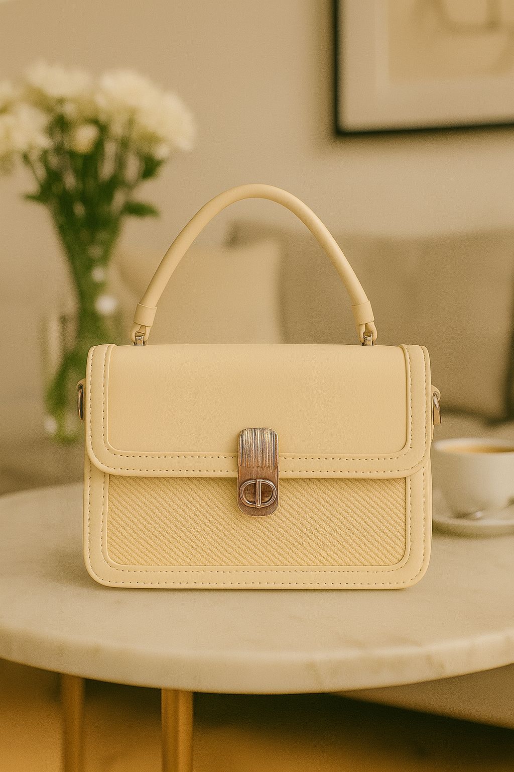 Cream Top-Handle Textured Handbag for Women