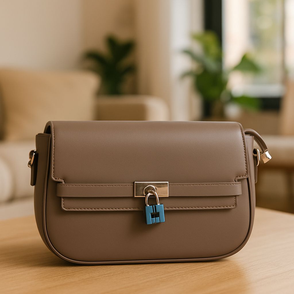 Taupe Leather Mini Crossbody Bag with Lock Detail