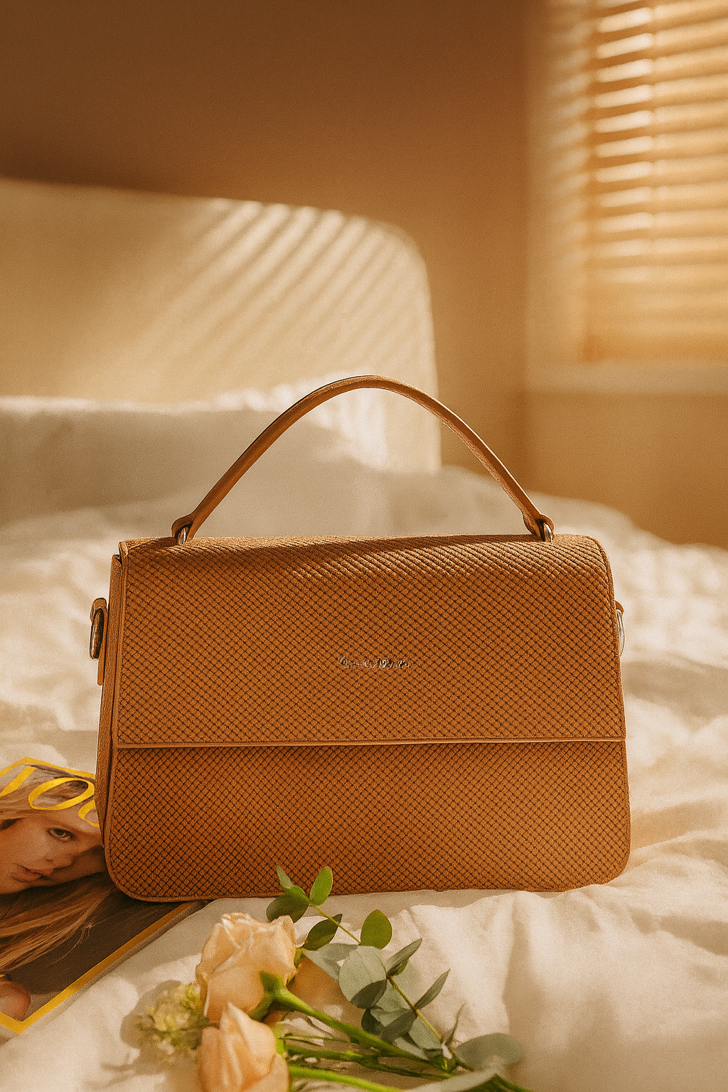 Tan Brown Textured Top-Handle Bag for Women