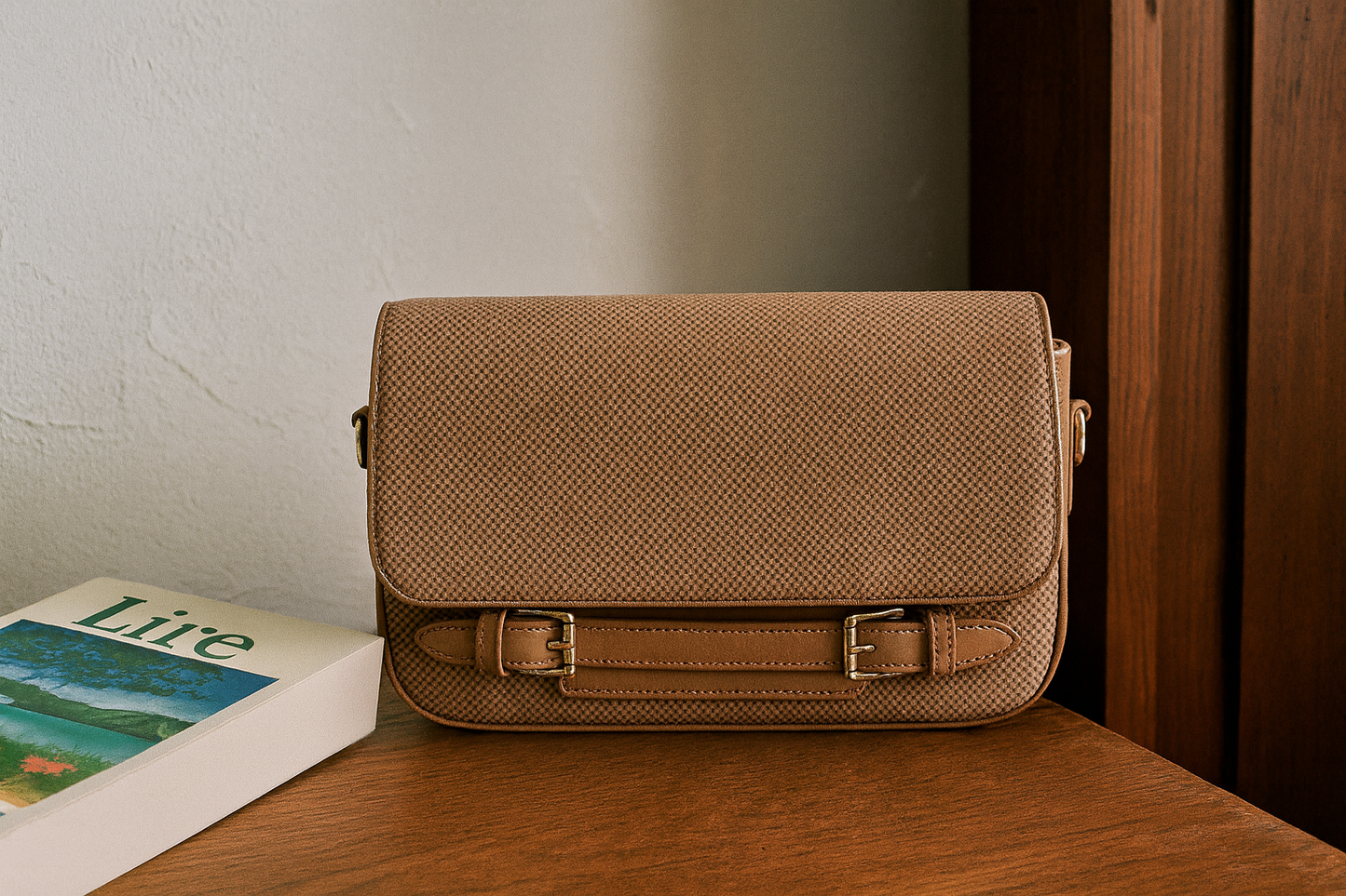 Brown Textured Buckle Detail Crossbody Bag for Women